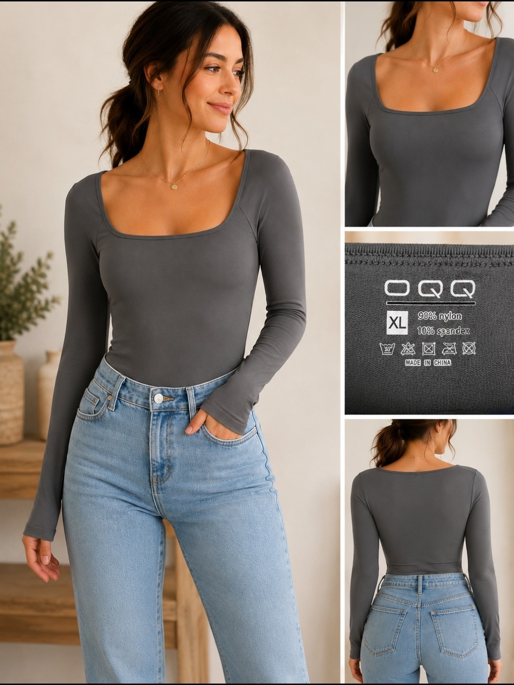 Womens Gray Long-Sleeve Scoop Neck Bodysuit
